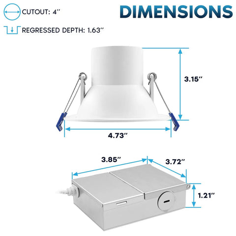 Dimensions of the Ace 4 Inch LED Canless Downlights With J Box 12W Dimmable Recessed Ceiling Lights, showing cutout and housing size.
