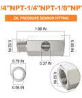 GASHER stainless steel oil pressure sensor tee adapter with 1/4 NPT male to 1/4 NPT female and 1/8 NPT female port