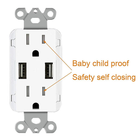 Dual USB Wall Outlet Charger 24W 4.8A Fast Charge Receptacle with child-proof safety features, white, front view