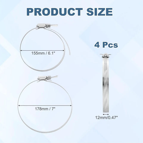 Four Pack Adjustable Hose Clamps 6.1 To 7 Inch 304 Stainless Steel Worm Gear product size illustration