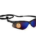 Kickass Worksite Safety Glasses Featuring Slick Blue Mirror Coated Lenses And Heavy Duty Black Frames, side view show lens and strap.