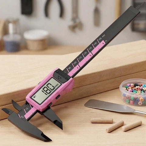 Digital Vernier Caliper 150mm Nylon Body Metric Inch on wooden surface, displaying 180mm measurement with pink body.