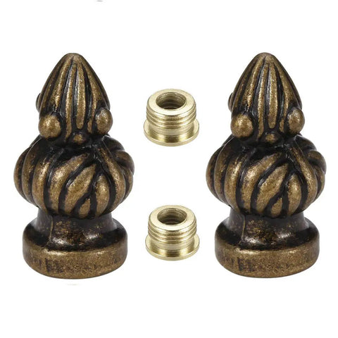 Two Pack Antique Brass Lamp Finial Caps For Lamp Shade Small One And Three Eighths Inches Dual Thread Fits One Eighth Inch IP Or One Quarter Twenty Seven Harp Thread Easy Install Retro Vibe