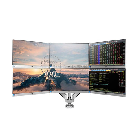 Full Motion Six Arm TV Mount Secures 10 To 24 Inch LCD LED Screens With Slick Gas Springs Built In USB Charging And Audio Jacks Fully Loaded Everyday Gear with four mounted screens.