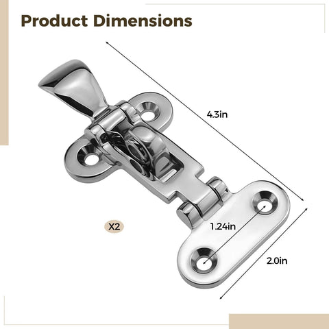 Two-pack Toyosport 316 stainless steel boat latches with mounting plate; 4.3-inch overall length, heavy-duty marine hardware