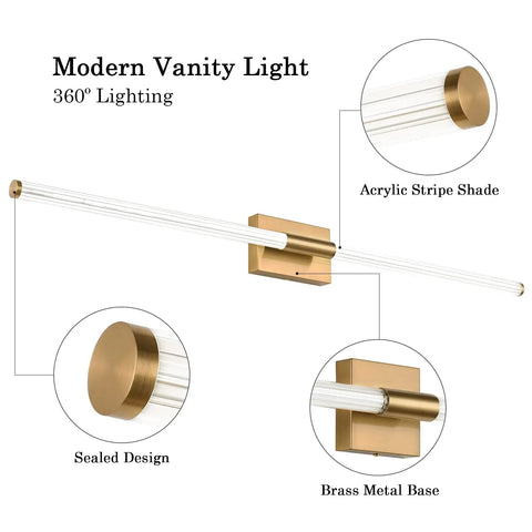 Modern LED Vanity Light With 360 Degree Full Lighting For Bathroom Mirror Makeup Ready 47.24Inch Brass Wall Sconce 36W 5500K Cool White Integrated LED Hardwired Fixture Anti Corrosion Brass Finish Wide Bright Illumination