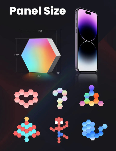 Hexagon LED Wall Lights Set Three Piece Pro for Bedroom and Gaming Room size comparison with phone, RGB color options shown