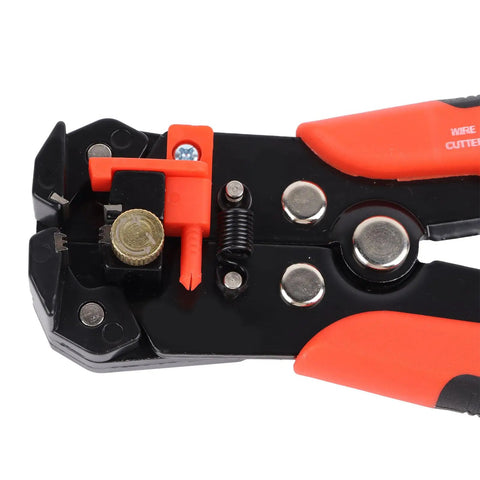 Close-up of Red Automatic Wire Stripping And Crimping Pliers, High Carbon Steel tool with crimp jaws for cable maintenance.