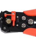 Close-up of Red Automatic Wire Stripping Pliers High Carbon Steel Multi Functional Cable Cutting Tool showing adjustable mechanism.