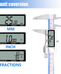 Vernier Caliper Measuring Tool With Stainless Steel Body Handy Electronic Micrometer Caliper With Large LCD Auto Off Feature Easy Switch from Inch to Metric and Fraction 6 Inch 150 mm Waterproof and Durable, display showing unit conversions.
