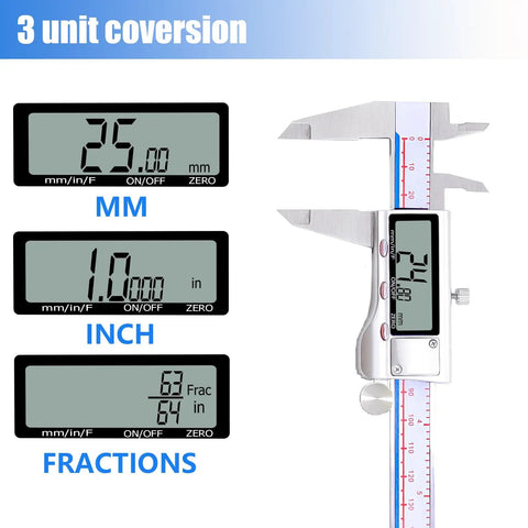 Vernier Caliper Measuring Tool With Stainless Steel Body Handy Electronic Micrometer Caliper With Large LCD Auto Off Feature Easy Switch from Inch to Metric and Fraction 6 Inch 150 mm Waterproof and Durable, display showing unit conversions.
