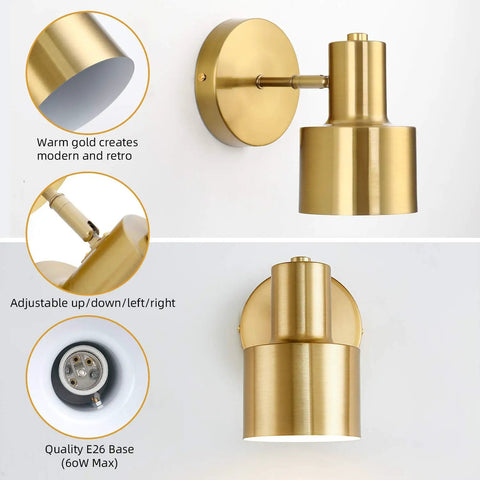 Gold Plug-In Wall Sconces Set Of 2, Industrial Vintage E26 Adjustable Wall Lamps showing gold finish, tilting and swinging feature