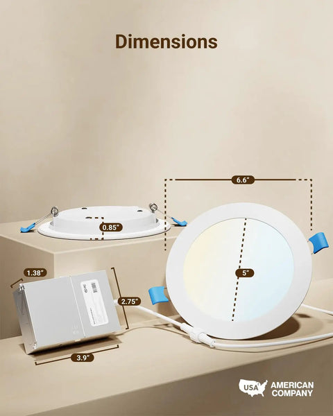 Dimensions of 12 Pack 6-Inch LED Recessed Lights With Junction Box, Slim Canless Ceiling Downlights, Wafer-Thin Install