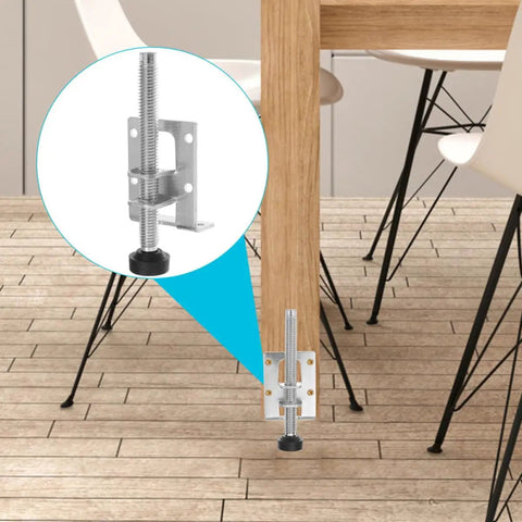 8 Pack Adjustable Steel Furniture Leveling Feet For Tables And Cabinets, Easy Install, attached to wooden table leg on floor