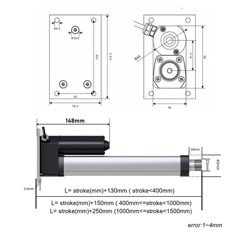Boost Your Project With This Straight Up Slick Electric Linear Actuator Featuring A Built In Photoelectric Sensor And Kickin Dc Motor For Effortless 100Mm To 500Mm Travel Range, detailed size and technical drawing.