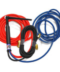 Hand Held Water Cooled TIG Welding Torch Kit, 300 Amp, 12.5 Ft Super Flex Hose with red, black, blue hoses, and torch head