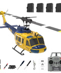 UH Huey RC Helicopter For Grownups Brushless Motor Flybarless Six Axis Gyro Altitude Hold And 3D Inverted Flight Ideal For Indoor And Outdoor Flying Yellow With Four Battery Pack One Forty Eight Scale with accessories and remote control
