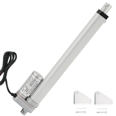 Heavy Duty DC 12V 10 Inch Stroke Linear Actuator With Mounting Bracket 900N Lift, shown with included installation brackets