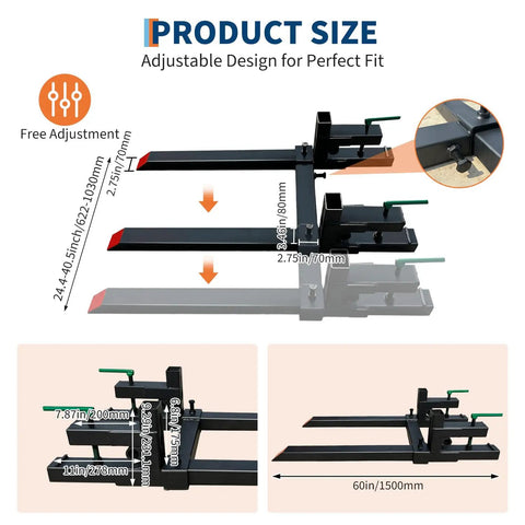 Diagram showing 60 Inch Clamp On Pallet Forks with adjustable stabilizer bar at various widths and detailed measurements