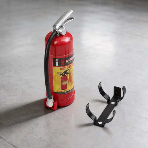 Beefy Solid Red Plastic Simulation Fire Extinguisher For 1/8 Scale Rc Rock Crawler Rig with holder on gray floor