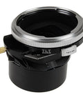 Tilt Shift Lens Mount Adapter For Sony E Mount Using Pentacon 6 Kiev 60 Lenses, Delivers 20mm Shift, 10 Degree Tilt, And 360 Degree Rotation, Built Tough For Pro Level Architectural, Product, And Landscape Photography. Black metal tilt-shift lens mount adapter with silver ring and shift lever