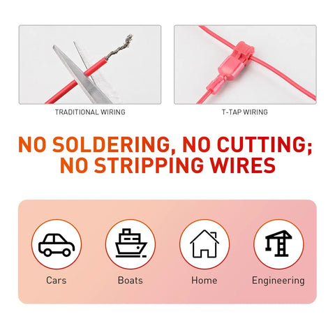 Comparison of traditional wiring vs T-Tap wiring from the Rapid Quick Splice T Tap Connectors Kit For 22-16 AWG Wire