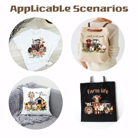Farm Animal Iron On Transfers Set For T Shirts And Hoodies Cows Pigs Chickens With Barnyard Motifs Like Tractor And Windmill