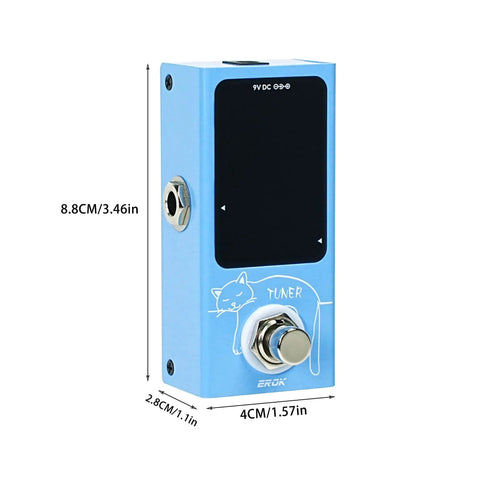 Ultra Compact Tuner Pedal With Pitch LED Indicator For Electric Guitar And Bass, True Bypass, Blue Finish, shown from side angle.