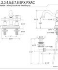 Technical drawing of Heritage Style Lavatory Faucet with Porcelain Cross Handle 4 Inch Centerset Brushed Nickel Finish