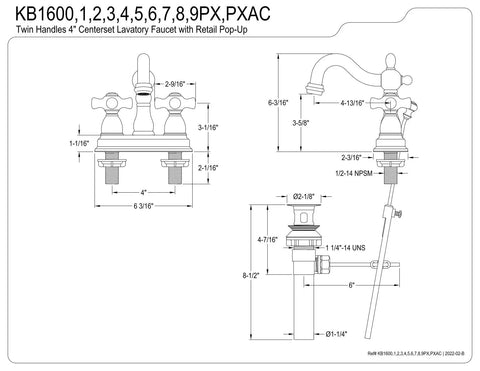 Diagram of Antique Copper 4-Inch Centerset Bathroom Faucet in Solid Brass with Washerless Cartridge, Deck Mount 3-Hole Installation