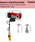 Badass No Sweat 110V Electric Hoist And Winch With 550 Lbs Lift Capacity Overhead Garage Ceiling Crane showing size and specifications.