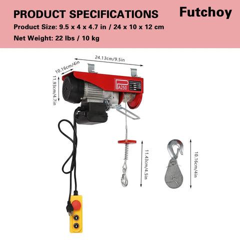 Badass No Sweat 110V Electric Hoist And Winch With 550 Lbs Lift Capacity Overhead Garage Ceiling Crane showing size and specifications.