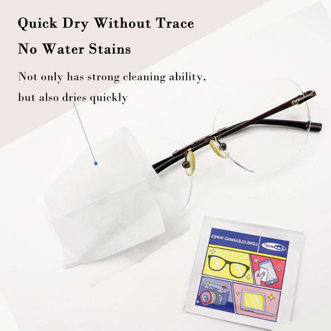 Lens cleaning wipes package and black-framed glasses on white surface
