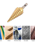 Step Drill Bit Set 4 To 22mm HSS Titanium Coated with Quick Change Cone and 1 Quarter Inch Hex Shank for Metal Plastic Wood shown with different materials