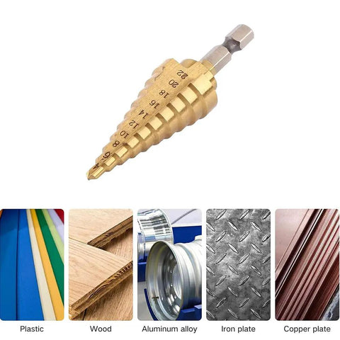 Step Drill Bit Set 4 To 22mm HSS Titanium Coated with Quick Change Cone and 1 Quarter Inch Hex Shank for Metal Plastic Wood shown with different materials