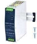 Beefed-Up Industrial 12V DC DIN Rail Power Supply 120W 10A, 100-240VAC Input, Ultra Slim Switching Converter With Low Ripple And Noise For Automation Controllers, High Efficiency, Rugged Industrial Grade, white metal DIN rail unit with screw terminals