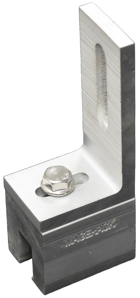 Rock Solid Hella Secure Standing Seam Metal Roof Clamp With L Bracket For Solar Panels And Snow Guards Quick Setup Design showing aluminum L bracket with bolt.