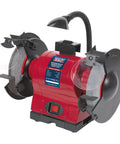 Rock Solid 550W Bench Grinder Featuring 200Mm Aluminum Oxide Grinding Wheels, integrated work light, and cooling tray for hard shop grinds.