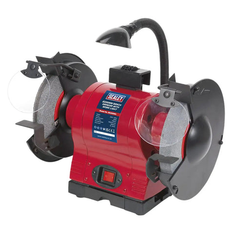 Rock Solid 550W Bench Grinder Featuring 200Mm Aluminum Oxide Grinding Wheels, integrated work light, and cooling tray for hard shop grinds.