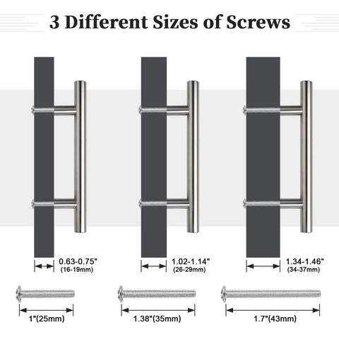 Diagram showing 30 Pack 3-3/4 Inch Hole Center Cabinet Pulls Brushed Nickel Stainless Steel Kitchen Cabinet Handles with screw sizes.