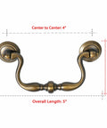Antique Brass Drop Bail Drawer Pull 4 Pack With 4 Inch Hole Center Vintage Cabinet Handle, shown with bead center detail.