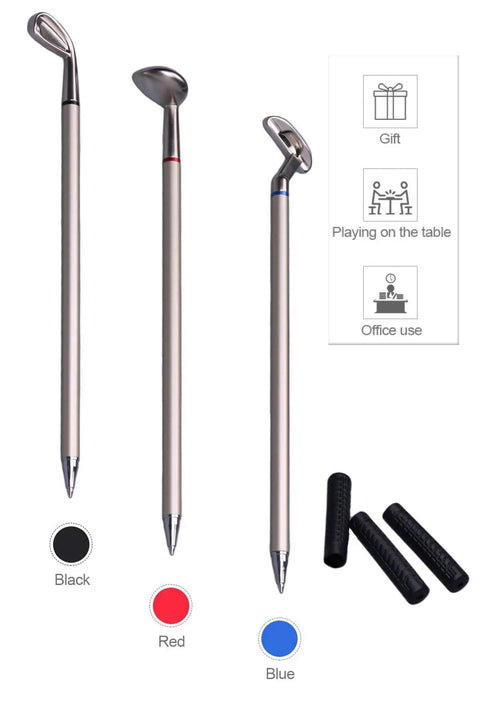 Three golf club pens in black, red, blue with grips, part of Golf Pen Desktop Game For The Office Hilarious Gift For Golf Lovers
