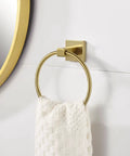 Gold Toilet Paper Holder And Hand Towel Bar Set In Brushed Brass With Double Post Pivoting Design For Secure Roll Change