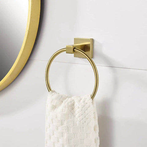 Gold Toilet Paper Holder And Hand Towel Bar Set In Brushed Brass With Double Post Pivoting Design For Secure Roll Change