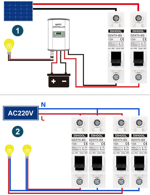 Wiring diagram showing Heavy Duty AC DC Miniature Circuit Breakers 2 Pack Single Pole 10 Amp for solar systems and home use.