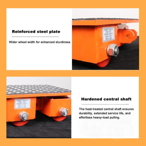 Close-up of heavy duty machinery mover with reinforced steel and smooth rolling urethane wheels for moving industrial equipment.