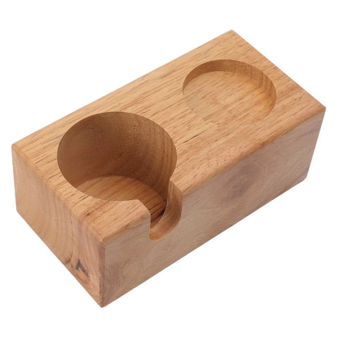 Sweet Beech Wood Coffee Tamper Stand With Clever Side Nook Securely Stores 51 To 58 Mm Tools shown from an angled view.