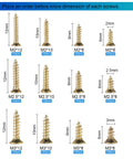 Image showing 1200 Pcs Tiny Phillips Flat Head Self Tapping Screws Set with 12 sizes: M2, M2.5, M3; golden finish, for woodworking and repairs.