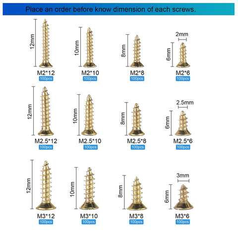 Image showing 1200 Pcs Tiny Phillips Flat Head Self Tapping Screws Set with 12 sizes: M2, M2.5, M3; golden finish, for woodworking and repairs.