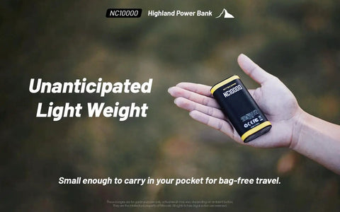 Ultralight 10000mAh Power Bank With Built In Flashlight 50 Lumens Dual LED USB C Fast Charge 20W TSA Approved held in hand.